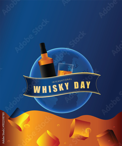 International Whisky Day celebration poster with bottle glass design vector poster