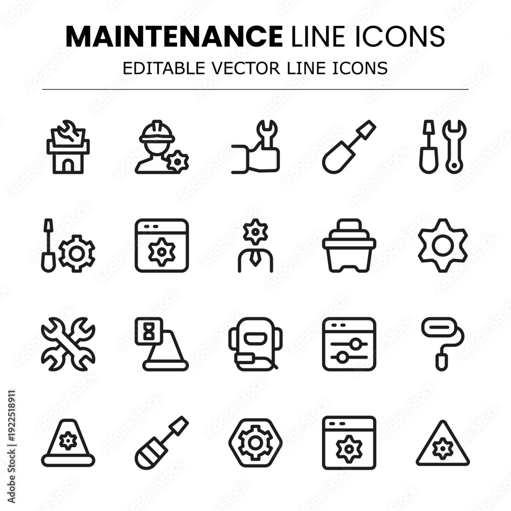 Fototapeta premium Maintenance Modern Line Icon Set. Ideal for mechanical repair, system checkups, and maintenance operations.