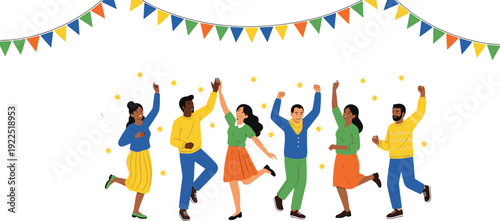 Group of Friends Dancing Under Colorful Party Flags Celebration Event Vector Illustration