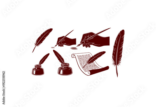 Quill Pen Writing Vector Set - Black Silhouette Illustrations, Manuscript Graphics, Quill Pen , Historical Writing Design Elements