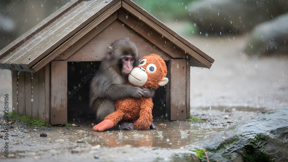 Obraz premium Punch the Monkey, Very Emotional scene, Punch a baby macaque monkey hugging an orange stuffed toy inside a wooden shelter during rain