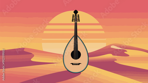 An illustrative image of an oud, a traditional Middle Eastern string instrument, standing in a vast desert landscape under a sunset sky.