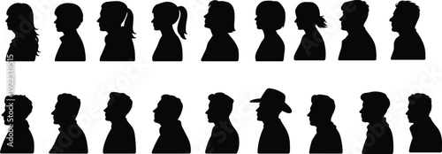 Silhouette collection of diverse human head profiles with varied hairstyles and shapes, male and female figures illustration, identity concept, design reference for abstract themes