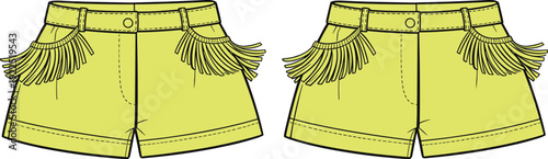 Neon green women’s shorts with fringe detail, front back views, summer fashion, casual wear, belt loops, pocket design, trendy apparel