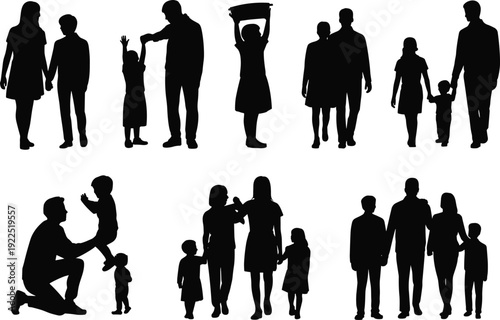 Silhouette collection of family scenes with adults and children, bonding activities illustration, parenting concept, everyday life moments, family relationships artwork for lifestyle themes