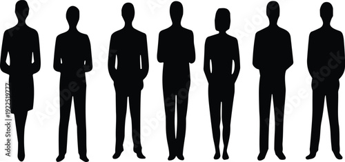 Silhouette group of business people in suits and skirts, standing poses with varied postures, teamwork illustration, office diversity concept, professional attire design for corporate themes