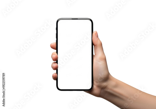 slender female hand gripping a black smartphone with a blank white screen, macro close-up, hyperrealistic skin texture detail, against a seamless transparent background. concept for commercial product