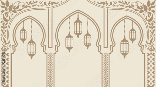 An ornate illustrative background showcasing multiple decorative Islamic archways with intricately designed hanging lanterns and detailed borders.