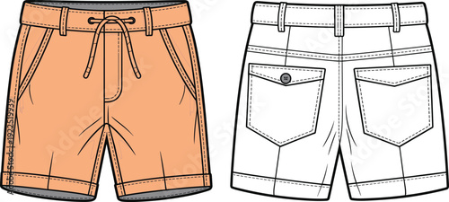 Orange casual shorts with back pockets and drawstring, stylish summer wear, women’s rolled-up shorts, comfortable belt loops, front and back view.