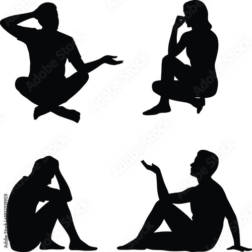 Silhouette illustration of people in seated thoughtful poses, introspection and contemplation concept, psychology artwork, meditation design, human posture reference for abstract themes