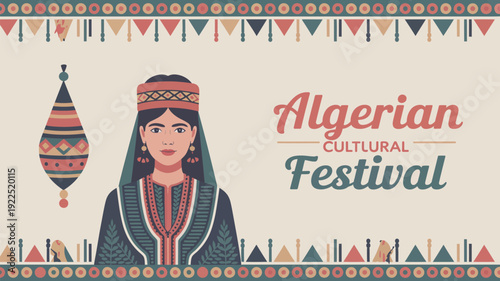 An Algerian woman in traditional attire stands beside a decorative lantern, celebrating an Algerian Cultural Festival.