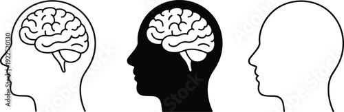 Silhouette profiles of human heads with brain illustration, cognitive awareness concept, psychology artwork, mental capacity design, consciousness stages reference for abstract themes