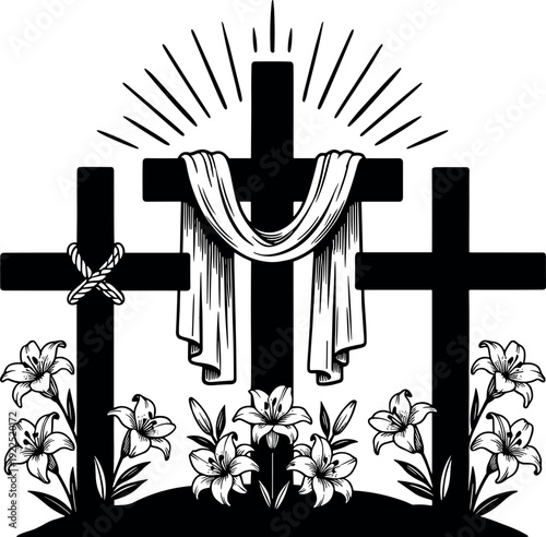 Three Christian crosses with draped cloth and lilies, black and white resurrection symbol for Easter faith, church worship, religious illustration design art use