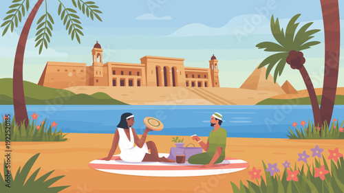 A lovely illustrative scene of a couple enjoying a picnic by the Nile River, with an impressive ancient Egyptian temple and pyramids visible in the background.