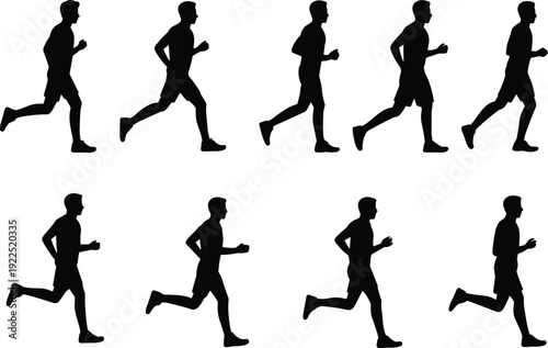 Silhouette sequence of running man showing dynamic motion phases, athletic exercise illustration for biomechanics, sports training, animation reference, fitness and movement concept