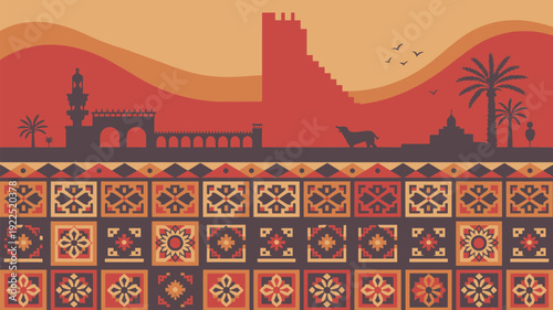 A picturesque Middle Eastern city skyline, featuring historical buildings and palm trees, rises above intricate traditional patterns.