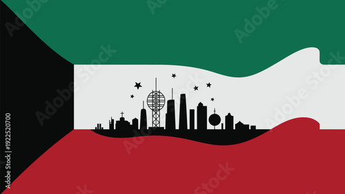 The Kuwaiti flag waves with a stylized cityscape and stars representing national pride and modernity.