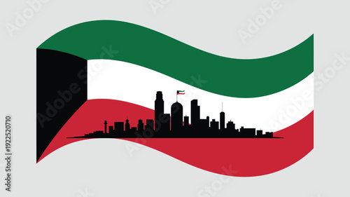 The Kuwaiti flag is depicted as a flowing banner with a silhouette of the country's modern skyline.