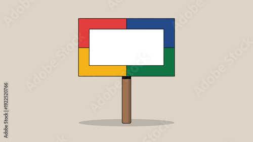 A colorful, segmented signpost with a blank white space is ready for custom messages or branding.