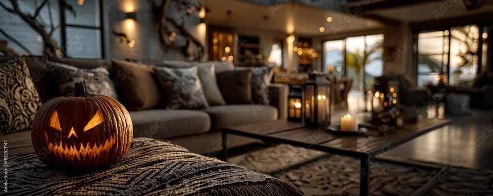 Fototapeta premium Cozy living room scene with pumpkin jack-o-lanterns, candles and warm autumn lighting