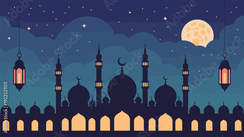 A grand mosque with minarets and illuminated windows stands under a starry night with a full moon and lanterns.