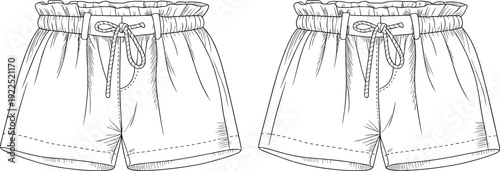 Paper bag waist shorts, drawstring tie, shaded sketch design, women’s summer fashion, casual wear, elastic waistband, clothing vector template