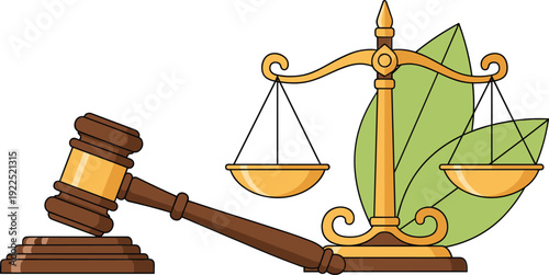 Judge Gavel and Golden Justice Scales with Green Leaves Legal Law Concept Vector Illustration