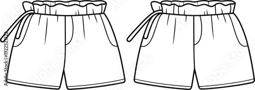 Paper bag waist shorts, women’s casual fashion, side tie design, elastic waistband, summer apparel, vector sketch, stylish clothing template