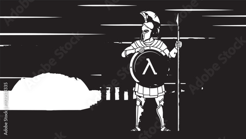 Stylized black and white silhouette of an armored knight standing with shield and spear.