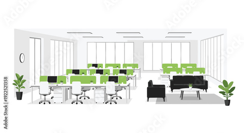 A modern open-plan office features numerous desks with green partitions, computers, office chairs, and a comfortable black sofa lounge area.