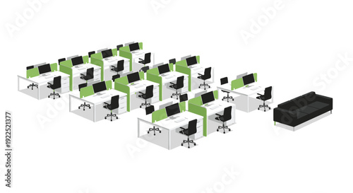 An isometric view shows an organized open-plan office filled with green cubicles, individual desks, computers, chairs, and a black sofa.