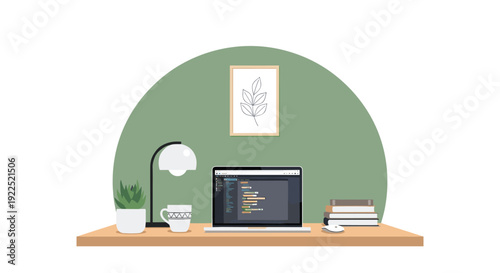 A laptop displays code on a desk with a lamp, plant, mug, and books against a green background.