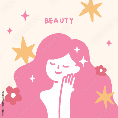 Skin care concept handdrawn illustration with beautiful woman and stars.