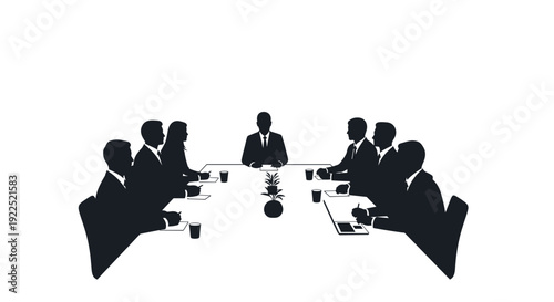 Silhouette of business people meeting around an oval conference table with a small plant in the center.