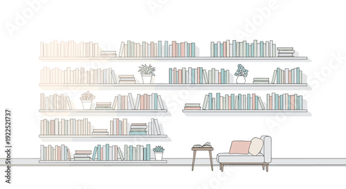 Minimalist line art illustration of multiple bookshelves filled with books and plants, with a cozy armchair and side table.