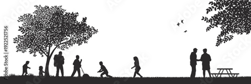 Silhouettes of families and children enjoying park activities, socializing under trees, playing games, connecting with nature, peaceful outdoor lifestyle