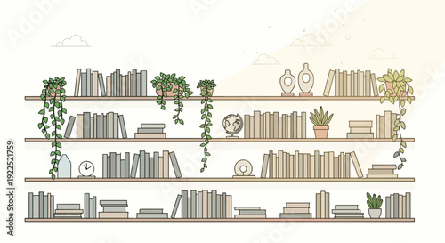 Minimalist line art illustration showcases several bookshelves packed with books, decorative items, and various green plants.