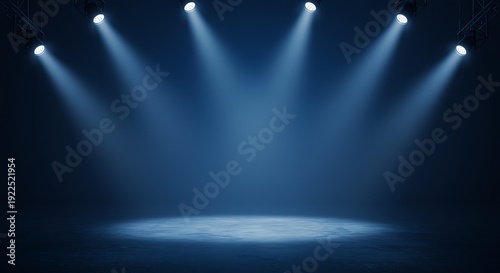 Photography Dramatic stage lighting with bright blue spotlights illuminating a textured floo