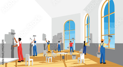 A team of diverse professional painters are actively painting the interior walls of a large, bright room with tall arched windows.