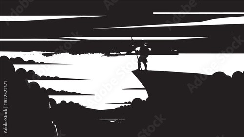 Silhouette of a Person at Sunset Over a Scenic Cliff.