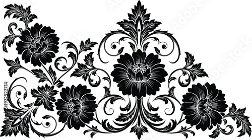 Elegant black floral ornament with vintage baroque scrollwork, decorative damask style botanical pattern vector illustration isolated on white background