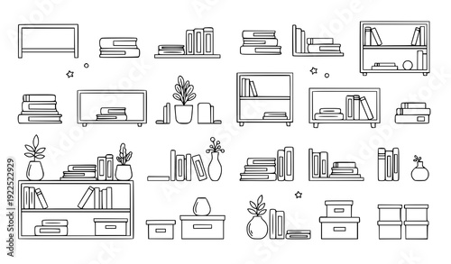 Minimal Bookshelf and Books Doodle Outline Interior Element Vector Set