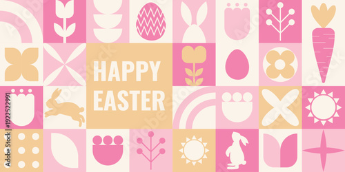 Trend geometric Easter banner with pastel colors, abstract eggs, flowers, and spring symbols.