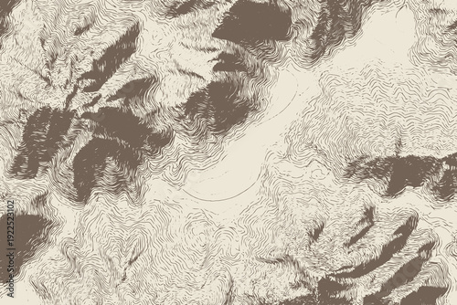 Topographic Contour Lines Map Background Vector Illustration in Vintage Engraving Ink Style. Perfect for cartography projects, geographic navigation themes, scientific visuals, and atlas layout.