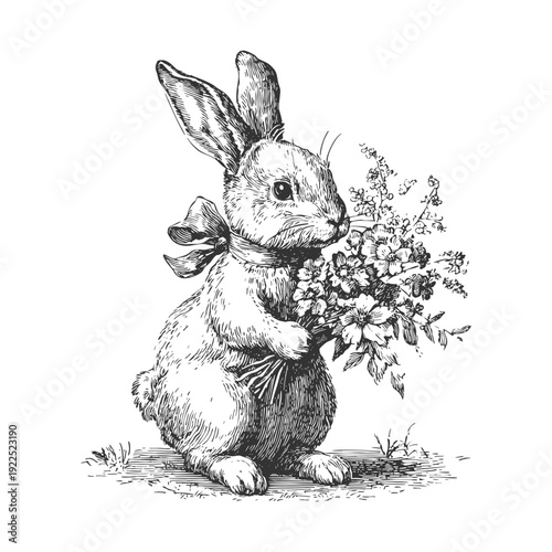 Cute Easter Bunny with Flowers Hand Drawn Vector Illustration. Sweet animal artwork for kids, nursery decor, baby products, Easter prints, and festive branding.