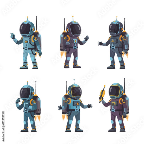 Six cartoon astronauts in space suits with helmets and tools.