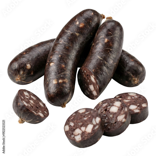 Blood Sausage with Pork Fat Pieces Isolated on White Background - Traditional Meat Product Clipping Path