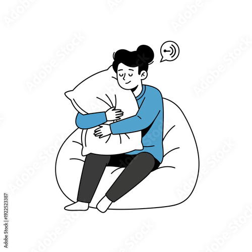 Person hugging a pillow while sitting on a bean bag with a speech bubble.