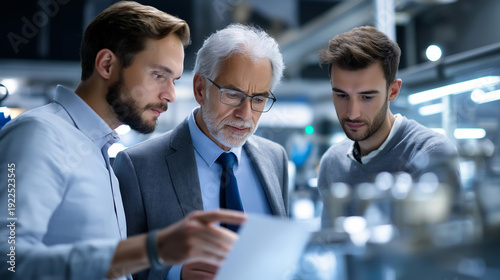Wallpaper Mural Faceless senior businessman discussing over machine part with colleagues at illuminated industry, manufacturing consultation, technical review, defocused equipment, with copy space Torontodigital.ca