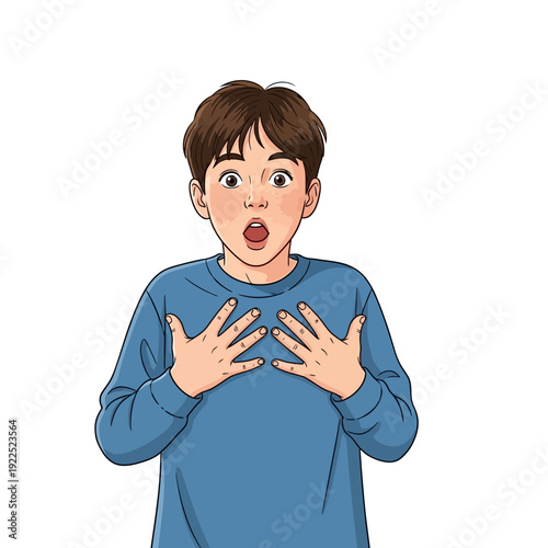 Boy with surprised expression, hands on chest, wearing a blue long-sleeve shirt.